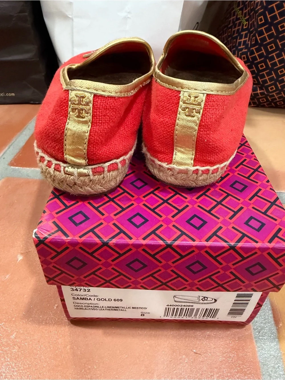 Tory Burch Red Espadrille Flats with Tropical Cocktail Appliqué